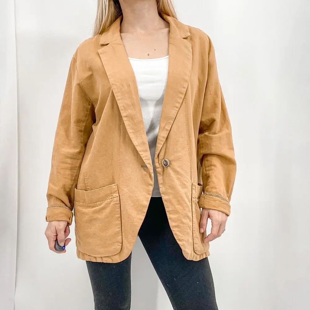 Free People Simply Perfect Tan Brown Linen Cotton Oversized Blazer Jacket Small
